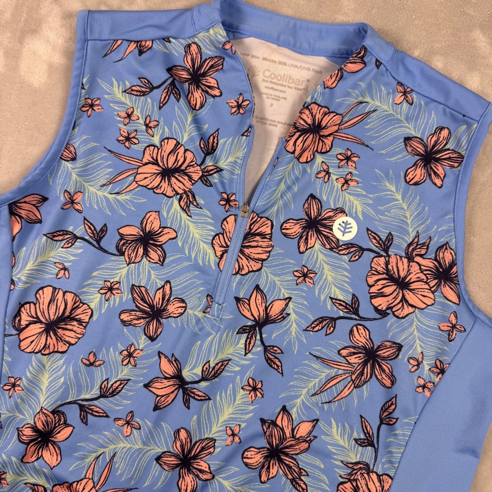 Coolibar Backspin Sleeveless Golf Dress Blue Tropical Floral UPF 50+ Small 10832